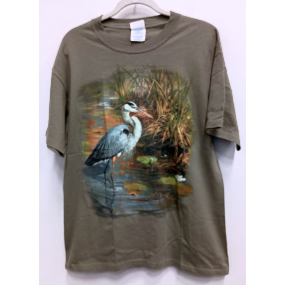 VTG M&O Knits Heron Bird T-Shirt Mens Large Green Nature Graphic Short Sleeve
